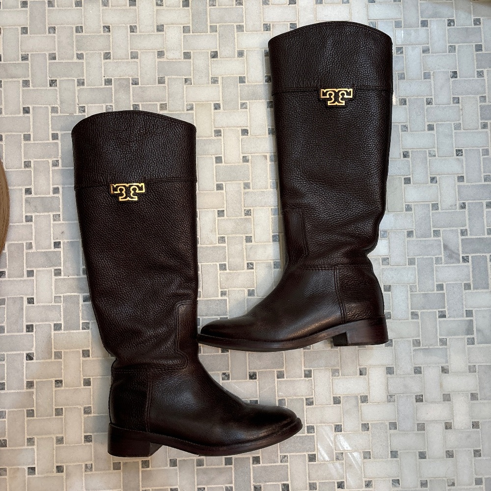 Tory Burch Dark Brown Leather Boots with Gold Emblem
